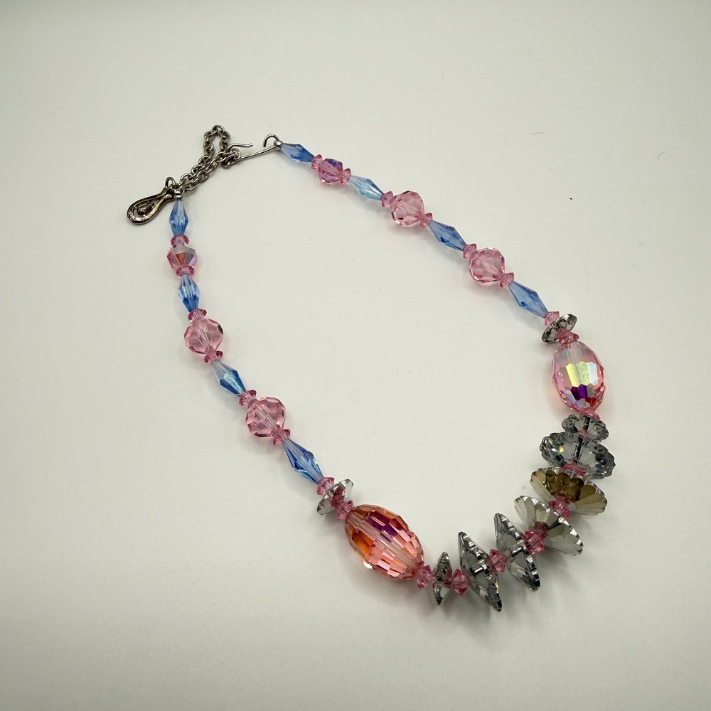Vintage Pink Blue Crystal Beaded Necklace Aurora Borealis Iridescent Silver Tone